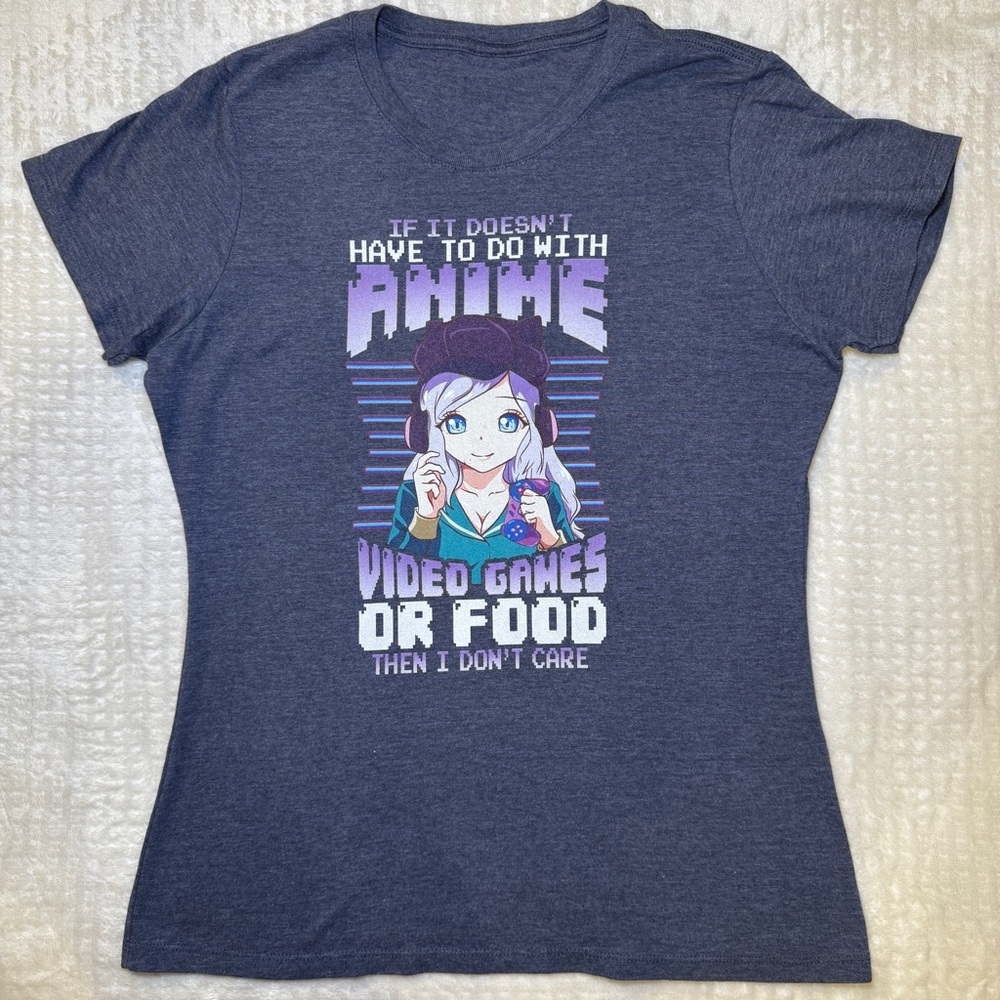 Dark Gray Graphic T-Shirt with Purple Anime Girl Video Games & Food is Life